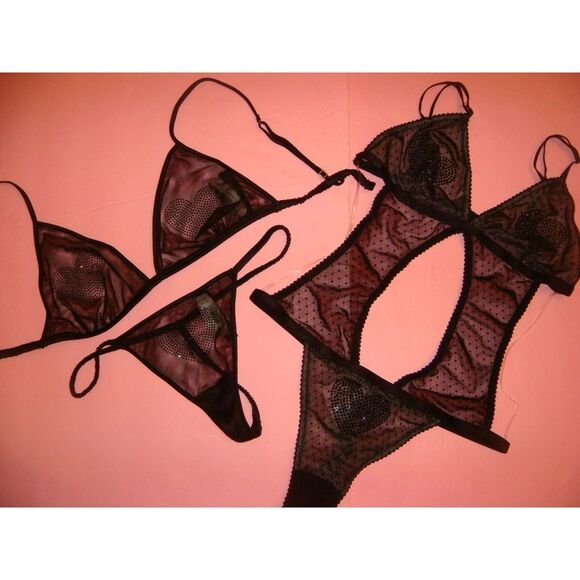 Victoria's Secret M BRALETTE BRA SET+thong+TEDDY BLACK mesh heart CRYSTALLIZED - Picture 5 of 7
